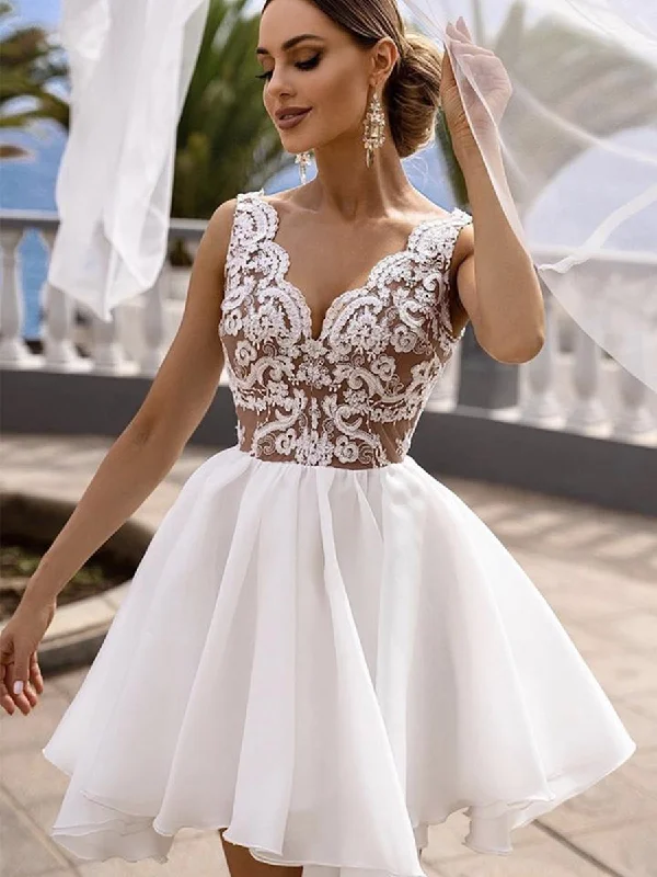 Shop and Save long sleeve dresslong sleeve dressA Line V Neck White Lace Short Prom Dresses, White Lace Formal Graduation Homecoming Dresses