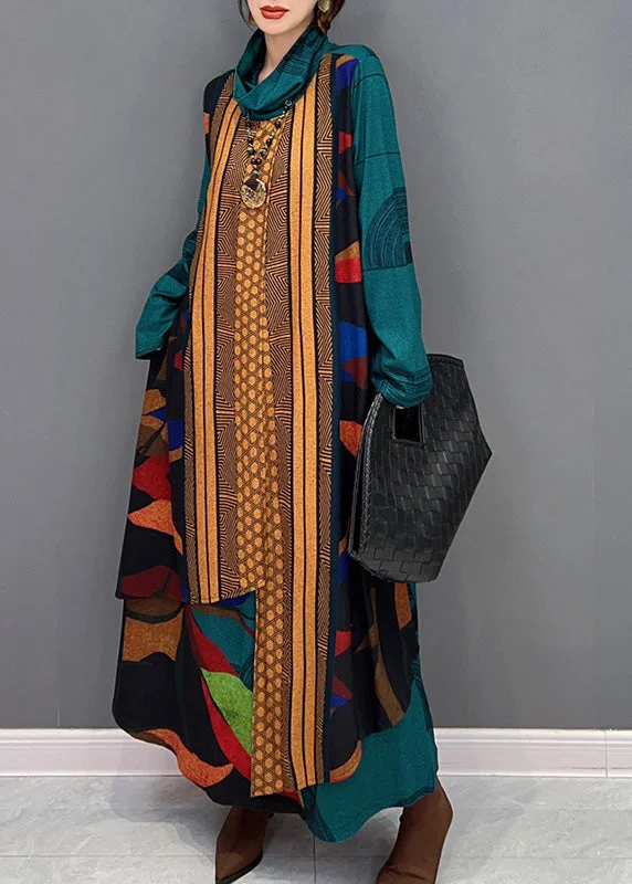 Final Sale modern dressmodern dressBohemian Green Turtleneck Print Patchwork Long Dress Long Sleeve
