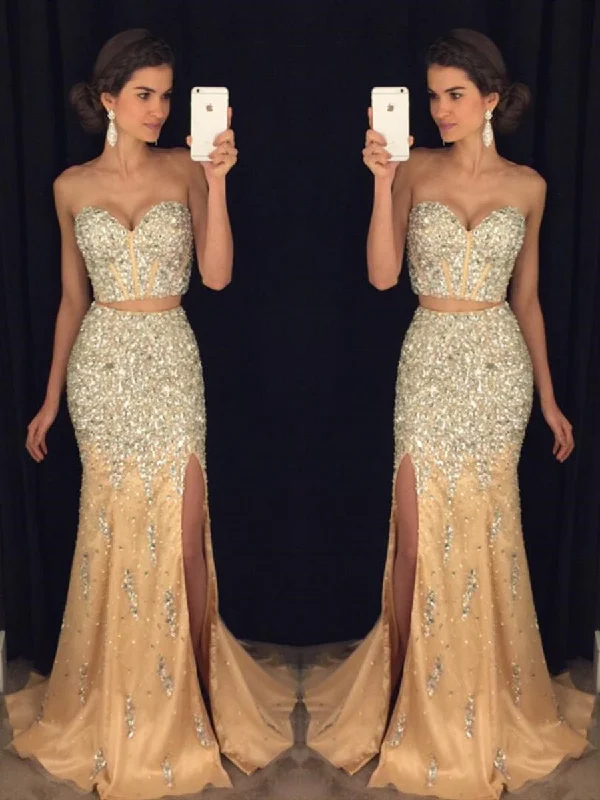 Don't Wait flowy maxi dressflowy maxi dressSexy Sweetheart Neck Two Pieces Mermaid Beaded Champagne Prom Dresses 2019, Two Pieces Mermaid Champagne Formal Dresses, Evening Dresses