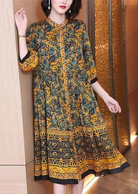 Instant Savings denim dressdenim dressClassy O-Neck Print Button Wrinkled Silk Dress Long Sleeve