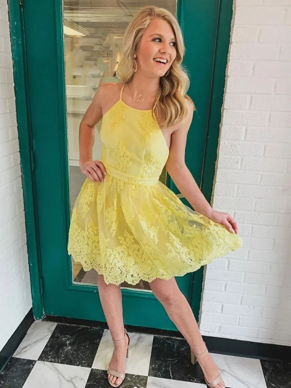 Fantastic Offers party-ready dressparty-ready dressElegant Open Back Yellow Lace Short Prom Dresses, Yellow Lace Homecoming Dresses, Yellow Formal Evening Dresses