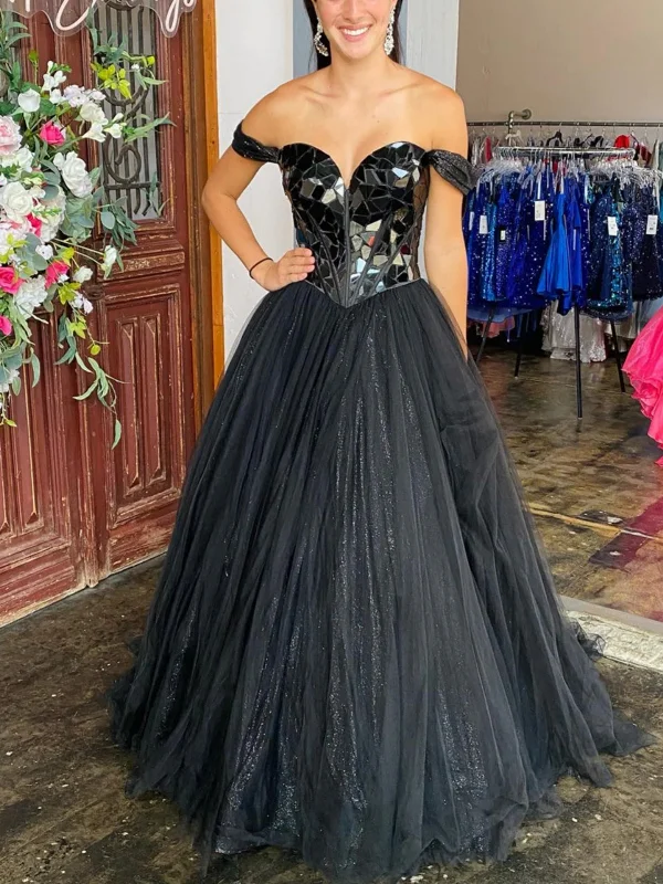 Super Deal vintage-inspired dressvintage-inspired dressOff Shoulder Black Sequins Long Prom Dresses, Off the Shoulder Formal Dresses, Black Tulle Evening Dresses SP2769