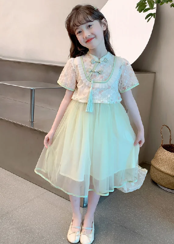 comfy dressChinese Style Green Stand Collar Tassel Fake Two Pieces Tulle Girls Maxi Dresses Summer