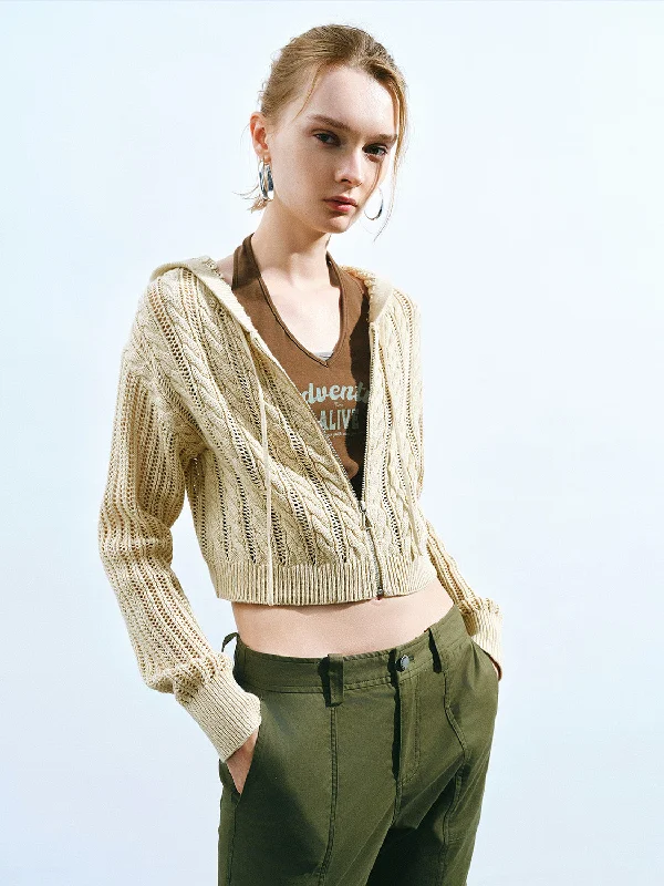 Bargain Prices Zipper Front Hooded Knitted Cardigan