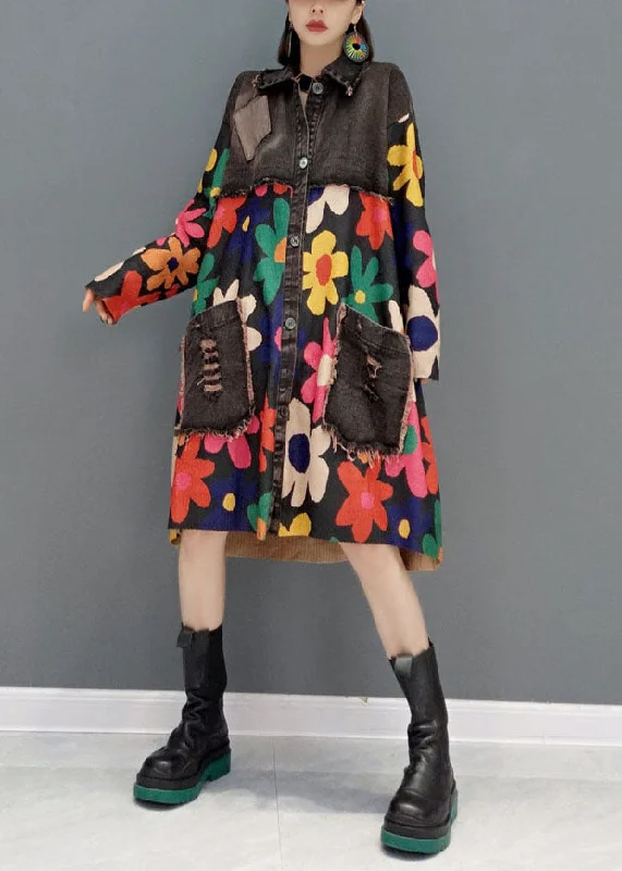 Savings Event satin dresssatin dressBoho Black Oversized Patchwork Print Cotton Denim Dress Spring