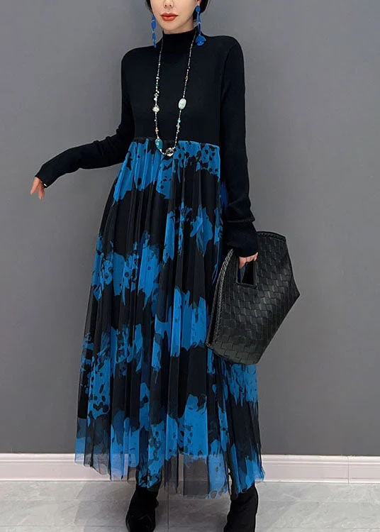Steals and Deals trendy bodycon dresstrendy bodycon dressBlue Patchwork Tulle Knit Party Dress Stand Collar Slim Fit Spring