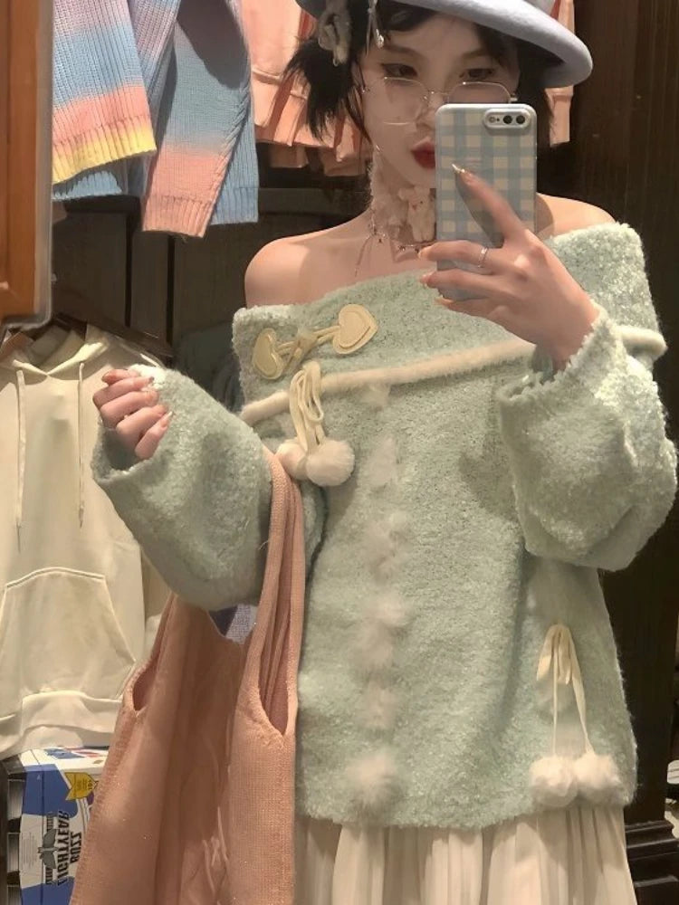 Best Deals Lunivop Y2k Aesthetic Women Sweet Knitted Sweaters Grunge Slash Neck Bandage Jumpers Loose Knitted Harajuku Patchwork Pullovers Female