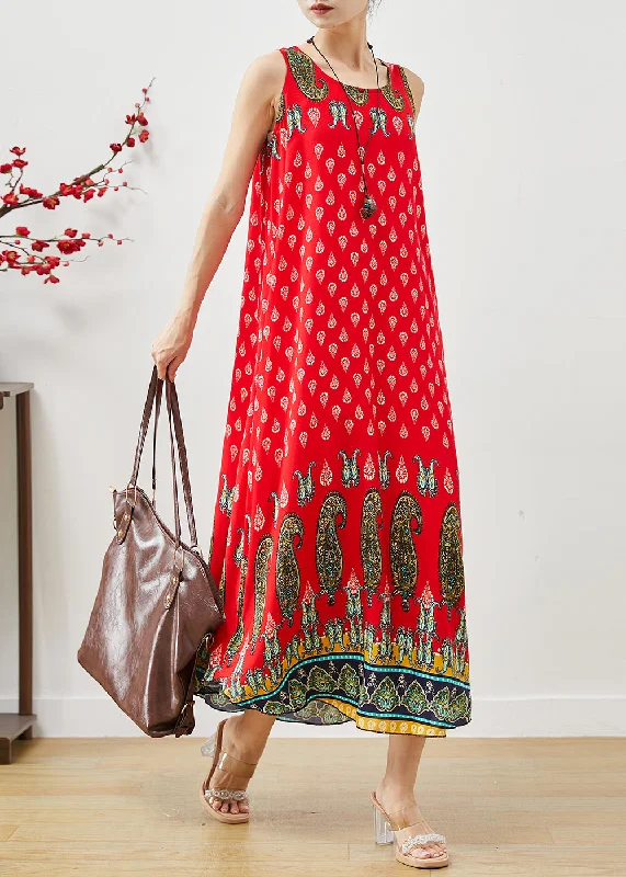 sophisticated dressBohemian Red Oversized Print Cotton Dress Summer