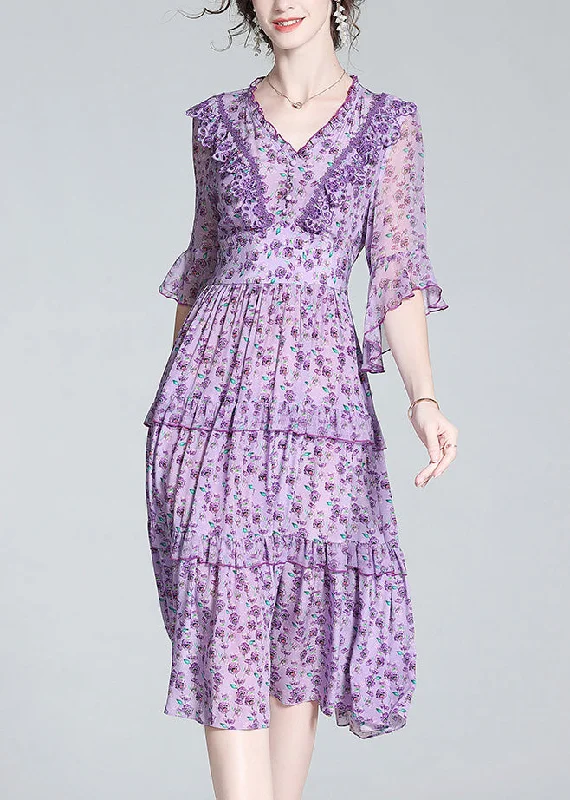 Mega Sale floral wrap dressfloral wrap dressFashion Purple V Neck Print Wrinkled Button Silk Long Dress Half Sleeve