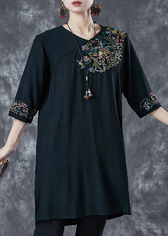 modern dressBlack Linen Mid Dresses Embroidered Half Sleeve