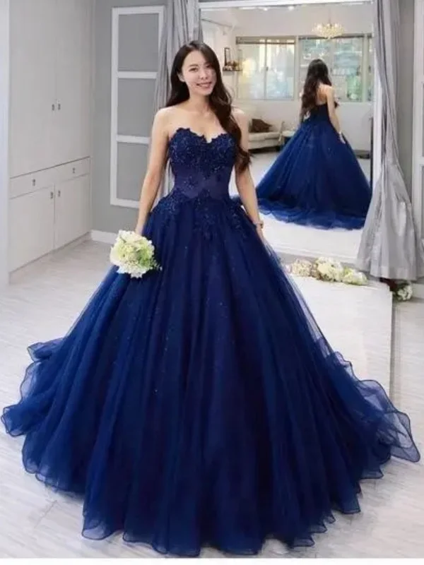 Hurry In bodycon dressbodycon dressStrapless Navy Blue Lace Long Prom Dresses, Navy Blue Lace Formal Evening Dresses, Ball Gown SP2824