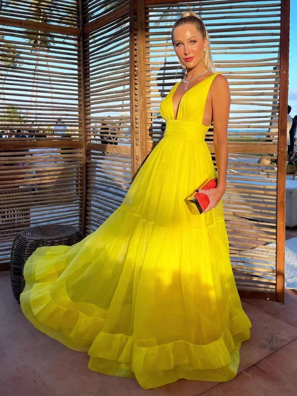 Best Seller v-neck dressv-neck dressA Line V Neck Yellow Tulle Long Prom Dresses, Long Yellow Formal Graduation Evening Dresses SP2601