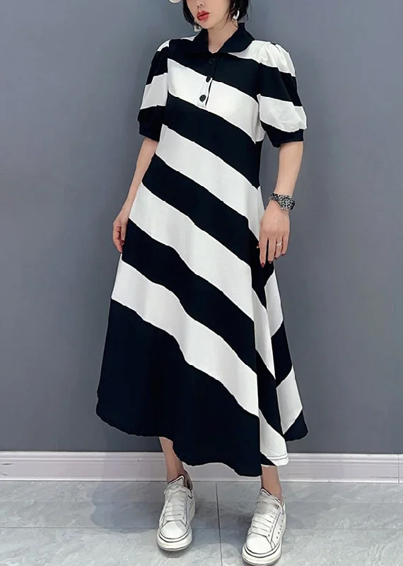 Savings Event form-fitting dressform-fitting dressCute Black White Striped Peter Pan Collar Patchwork Long Dress Short Sleeve