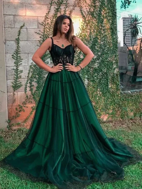 Shop and Save flowy evening dressflowy evening dressDark Green Lace Tulle Long Prom Dresses, Dark Green Formal Graduation Evening Dresses with Lace Appliques SP2366