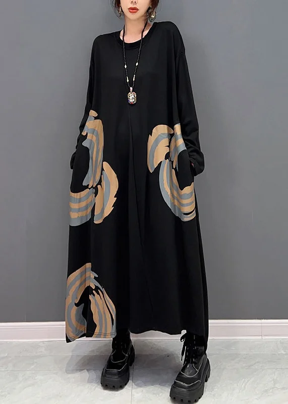 Special Promotion long sleeve dresslong sleeve dressPlus Size Black O-Neck Print Maxi Dresses Spring