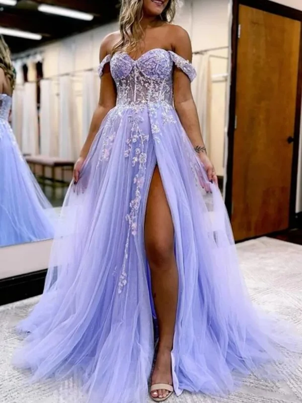 Super Sale minimalistic dressminimalistic dressOff Shoulder Purple Lace Long Prom Dresses with High Slit, Purple Lace Formal Dresses, Purple Evening Dresses SP2574
