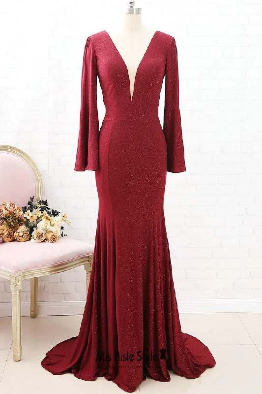 elegant dressFit and Flare Long Sleeve Sparkle Burgundy Evening Dress