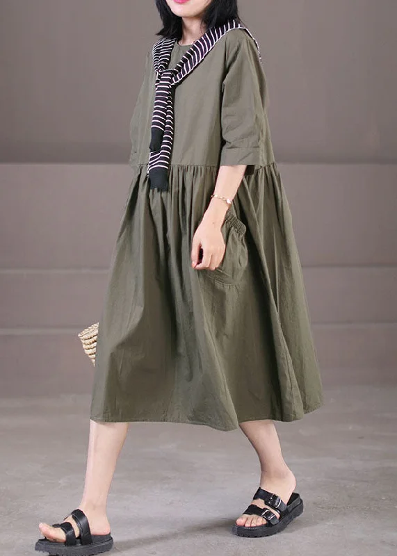 silk dressArmy Green Sailor Collar Cotton Holiday Dresses Pockets Wrinkled Half Sleeve