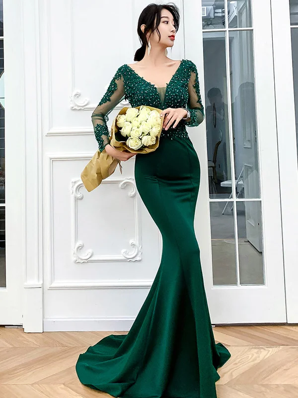 Super Savings classic fit-and-flare dressclassic fit-and-flare dressMermaid V Neck Long Sleeves Beaded Green Long Prom Dresses, Mermaid Green Formal Dresses, Beaded Green Evening Dresses SP2243