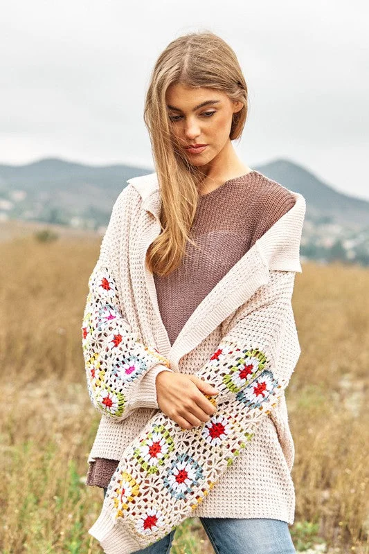 Limited Time Offer Crochet Floral Printed Long Sleeve Knit Cardigan - FASHIONGO