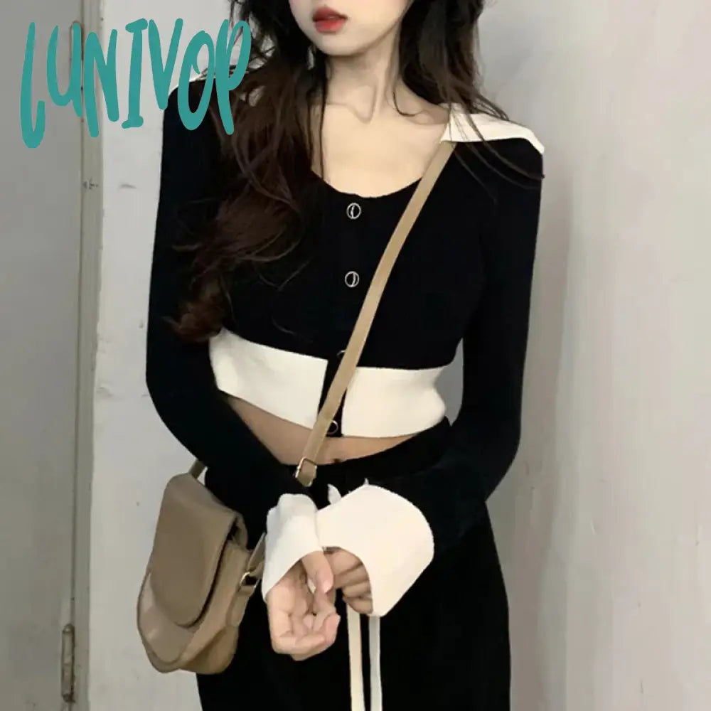 Seasonal Clearance Lunivop Contrast Color Lapel Knitted Sweater Women Winter New Slim Bottoming Shirt Top Elegant All-match Female Pullover