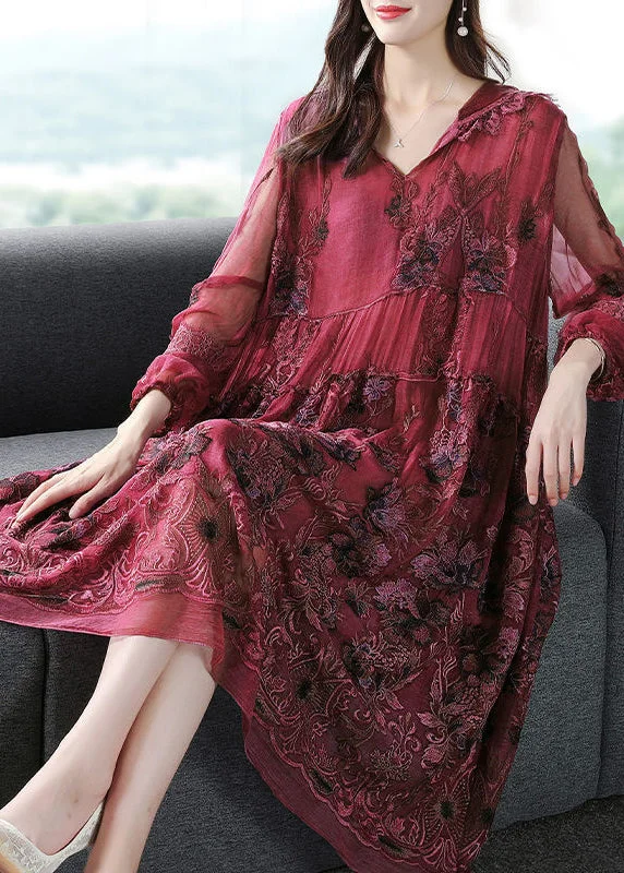 floral dressFrench Mulberry Hooded Embroideried Patchwork Silk Long Dresses Spring