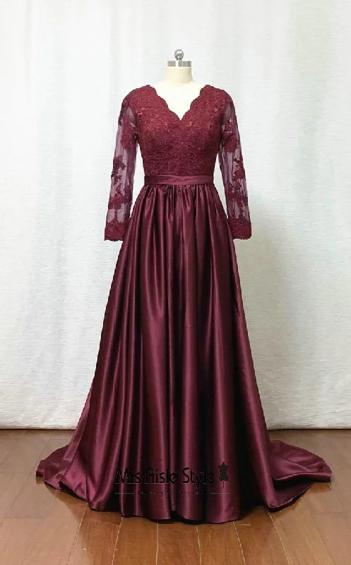 Final Clearance stylish party dressstylish party dressModest A line Long Sleeves Burgundy Evening Dress