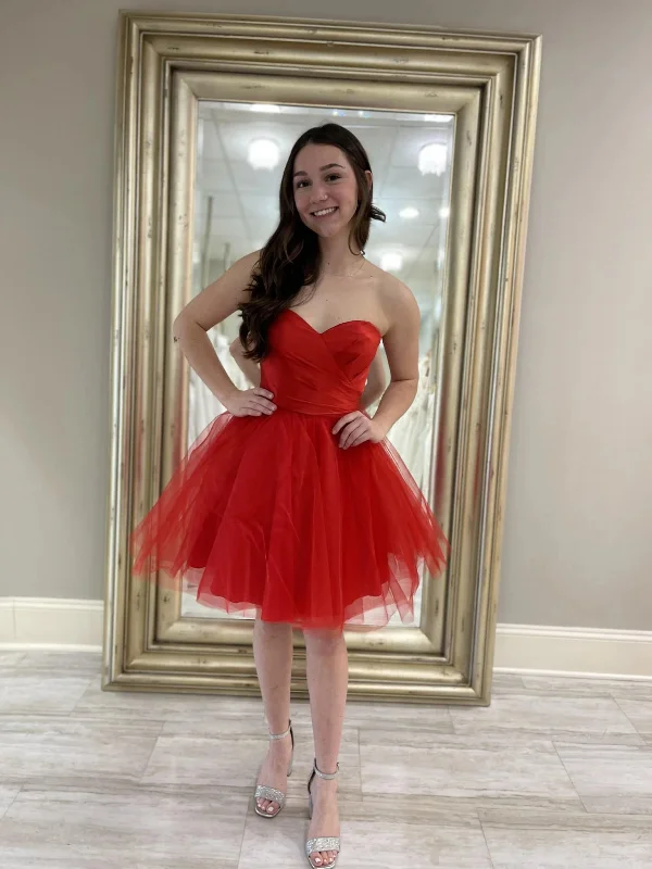 Limited Time Offer casual dresscasual dressSimple Strapless Sweetheart Neck Red Tulle Short Prom Dresses, Strapless Red Homecoming Dresses SP3033