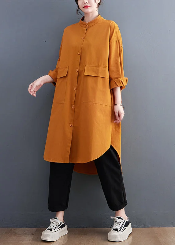 v-neck dressBoutique Orange Stand Collar Pockets Cotton Maxi Dress Fall