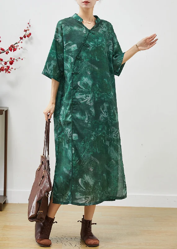 one-shoulder dressArt Green V Neck Tie Dye Linen Oriental Dresses Summer