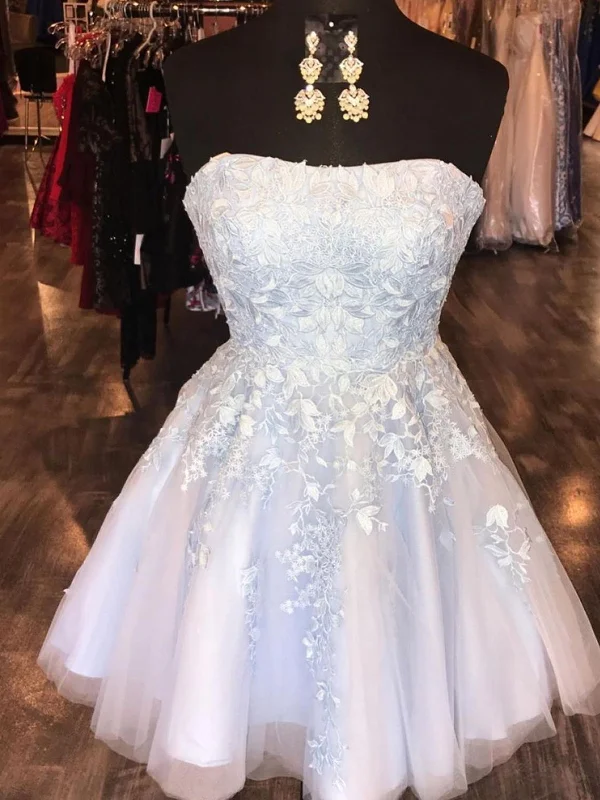 Buy Now flowy maxi dressflowy maxi dressStrapless Light Blue Lace Tulle Short Prom Homecoming Dresses, Light Blue Lace Formal Graduation Evening Dresses SP2413
