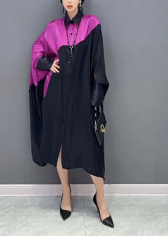 party dressPlus Size Colorblock Peter Pan Collar Patchwork Oversized Silk Dress Batwing Sleeve