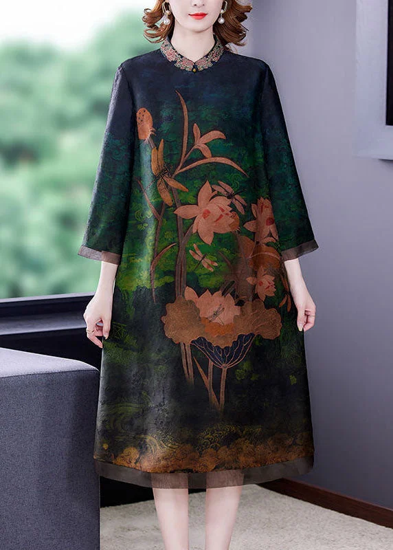 midi dressWomen Green Embroideried Patchwork Zippered Silk Dresses Bracelet Sleeve