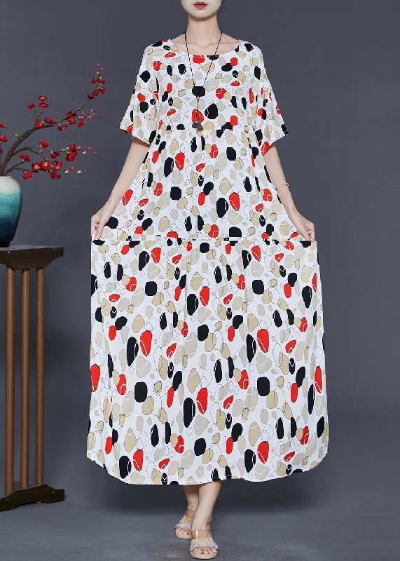 A-line dressFrench Apricot Oversized Print Cotton Long Dress Summer