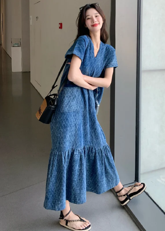 bodycon dressNew Blue V Neck Pockets Denim Long Dress Summer