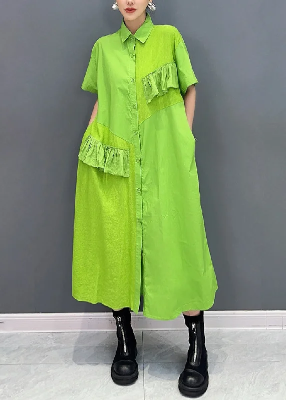 high-waisted dressVogue Green Peter Pan Collar Patchwork Button Maxi Dress Summer