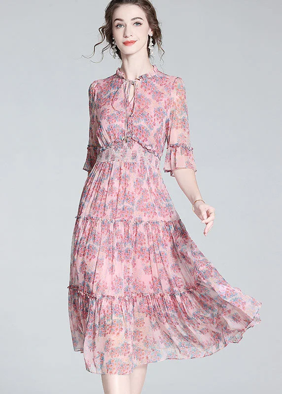 Year-End Sale long sleeve dresslong sleeve dressSimple Pink Ruffled Print Patchwork Silk Mid Dress Summer