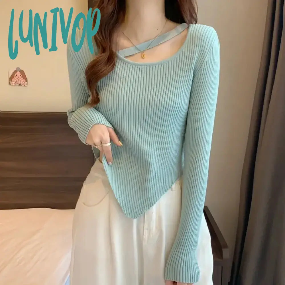Closeout Sale Lunivop Autumn Women Irregular Hem Sweet Sweaters Solid Long Sleeve Slim Knit Pullover For Women Bottoming Knitwear Sweater