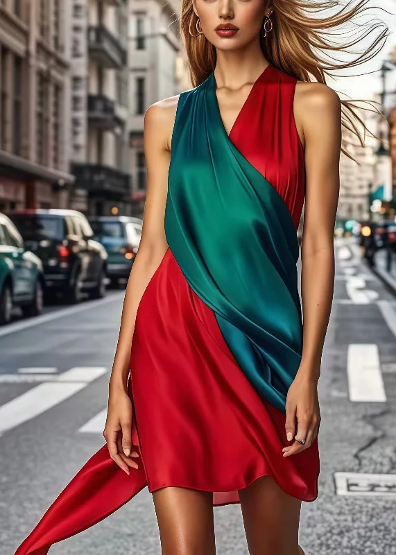 playful dressBeautiful Colorblock Asymmetrical Patchwork Silk Work Dress Sleeveless