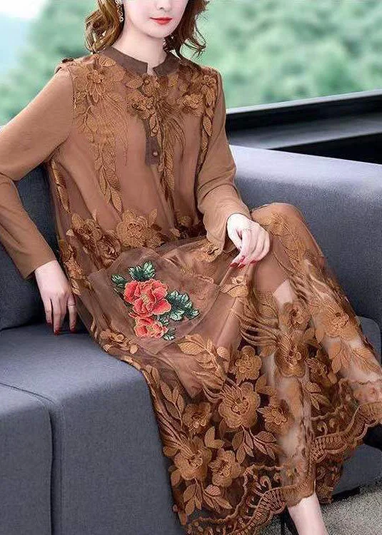 Can't Miss sleeveless dresssleeveless dressChocolate Tulle Maxi Dress O-Neck Embroideried Spring