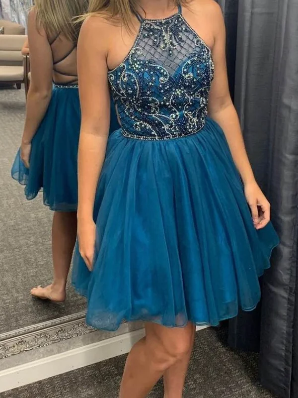 Unbeatable Prices casual slip dresscasual slip dressA Line Backless Beaded Short Blue Prom Dresses, Blue Homecoming Dresses, Beaded Formal Evening Dresses SP2296