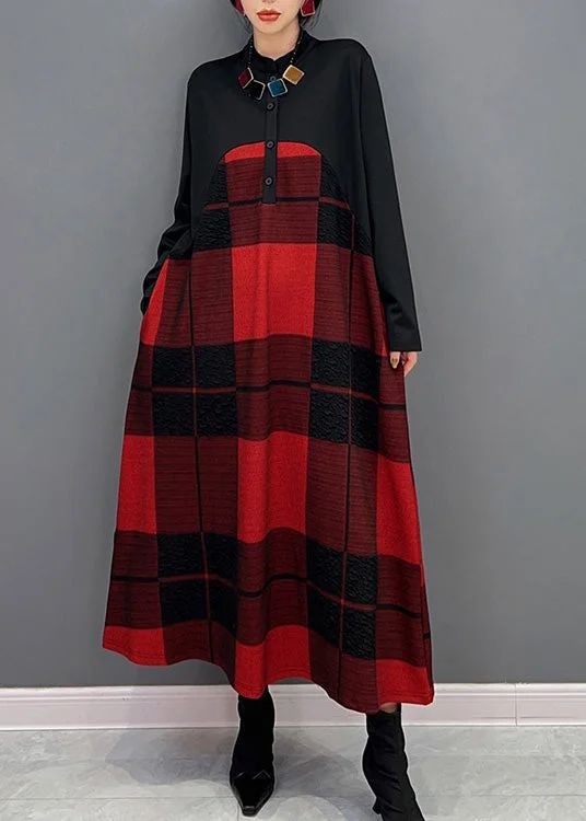 Value Deals layered dresslayered dressClassy Red Stand Collar Plaid Button Vacation Maxi Dresses Long Sleeve