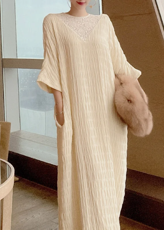 Super Bargain backless dressbackless dressFrench Apricot O-Neck Lace Patchwork Silk Maxi Dresses Long Sleeve