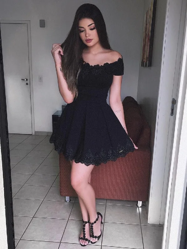 Unbeatable Prices chic dresschic dressCute Off Shoulder Lace Black Short Prom Dresses Homecoming Dresses, Off Shoulder Black Formal Dresses, Evening Dresses