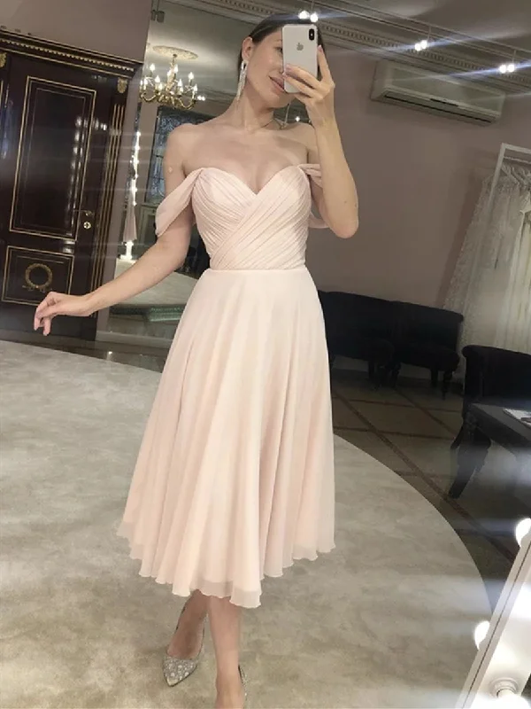 YEAR-End Clearance spaghetti strap dressspaghetti strap dressElegant Off Shoulder Tea Length Pink Prom Dresses, Off Shoulder Pink Formal Graduation Homecoming Dresses