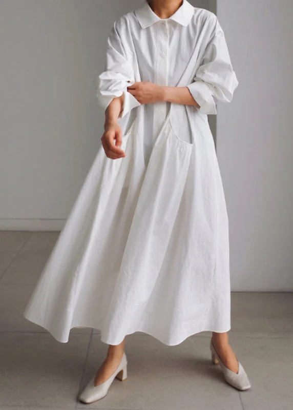 layered dressClassy White Peter Pan Collar Cotton Button Pockets Maxi Dress Long Sleeve