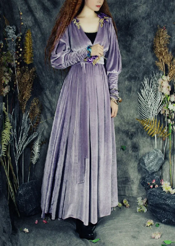 Overstock statement dressstatement dressBoho Purple V Neck Applique Tie Waist Silk Velour Maxi Dresses Spring