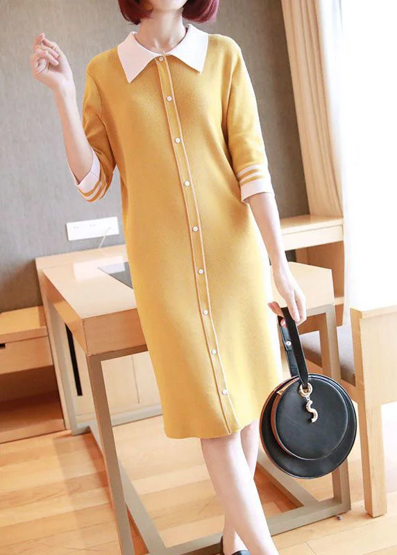Online Exclusive knit dressknit dressYellow Slim Fit Knit Mid Dress Turn-down Collar Half Sleeve