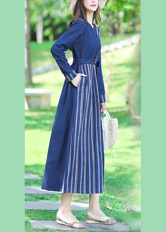 tiered dressSexy Blue V Neck Striped Patchwork Linen Long Dress Spring