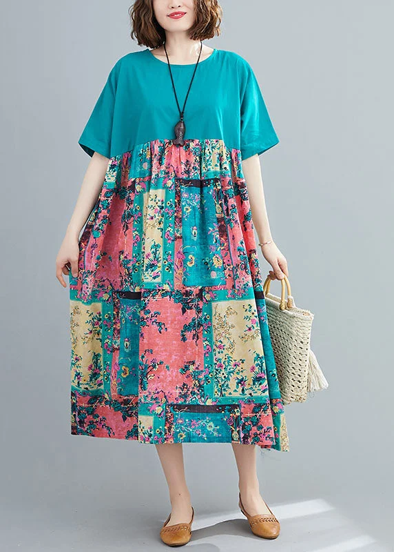 Exclusive Savings trendy dresstrendy dressGreen Print Cotton Maxi Dresses O-Neck Oversized Summer